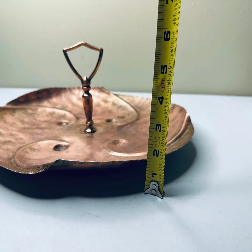 Vintage Solid Copper Hammered Serving Tray Swirl Design Center Handle 11 Inch